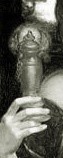 A black and white photo of a person 's head.